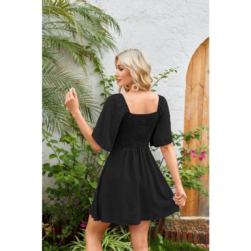 Female V-neck Bow Tie Tied Short Sleeved Mini Dress