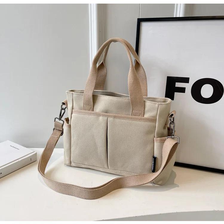 Multiple Pockets Women's Canvas Bag Tote Shoulder Bag Large Capacity Casual Handbag For Female