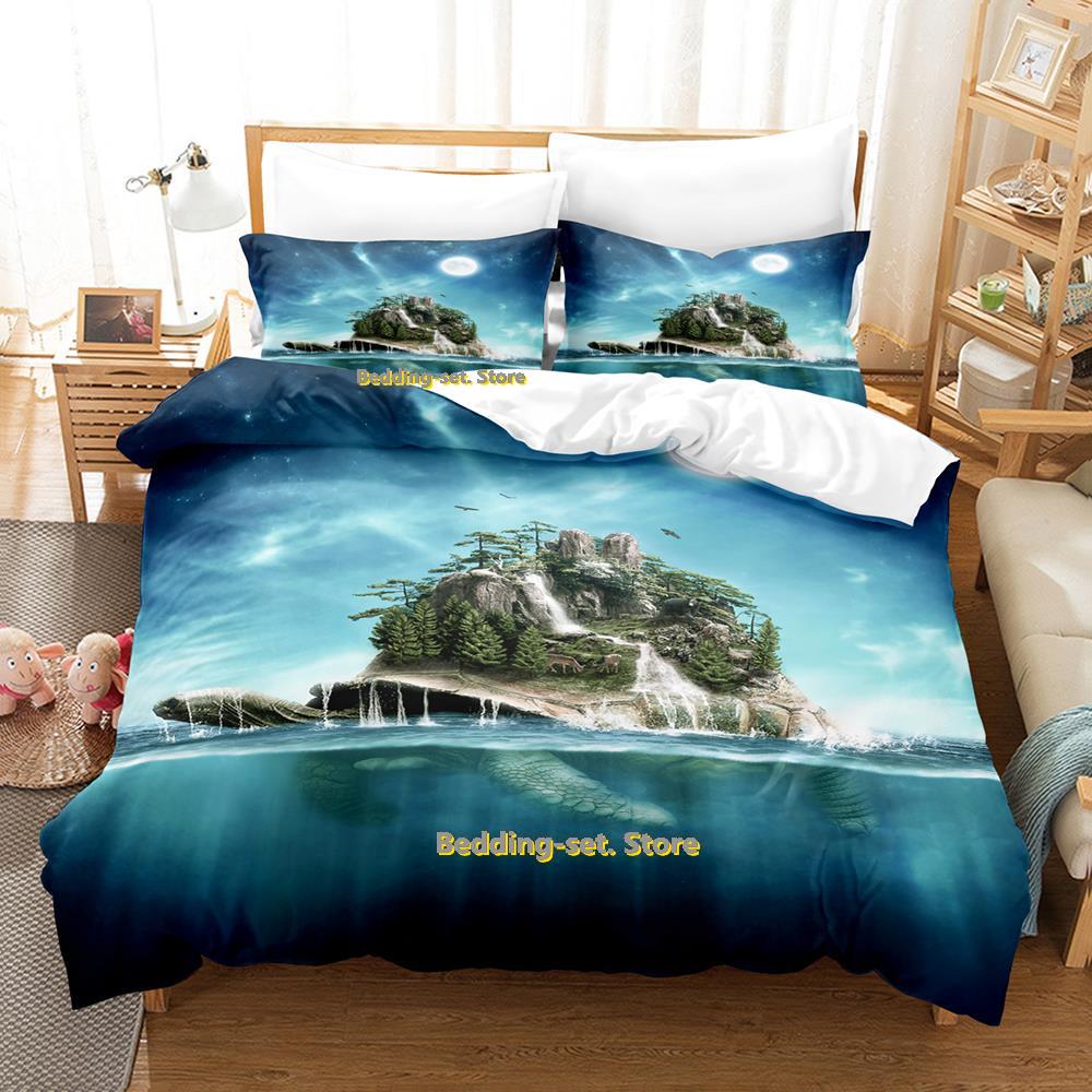 New World Turtles Schildkröteninsel Bettwäsche-Set Cartoon Anime dreiteiliges Set Erwachsener Kind Schlafzimmer Bettdecken-Sets 3D Kawaii Tier