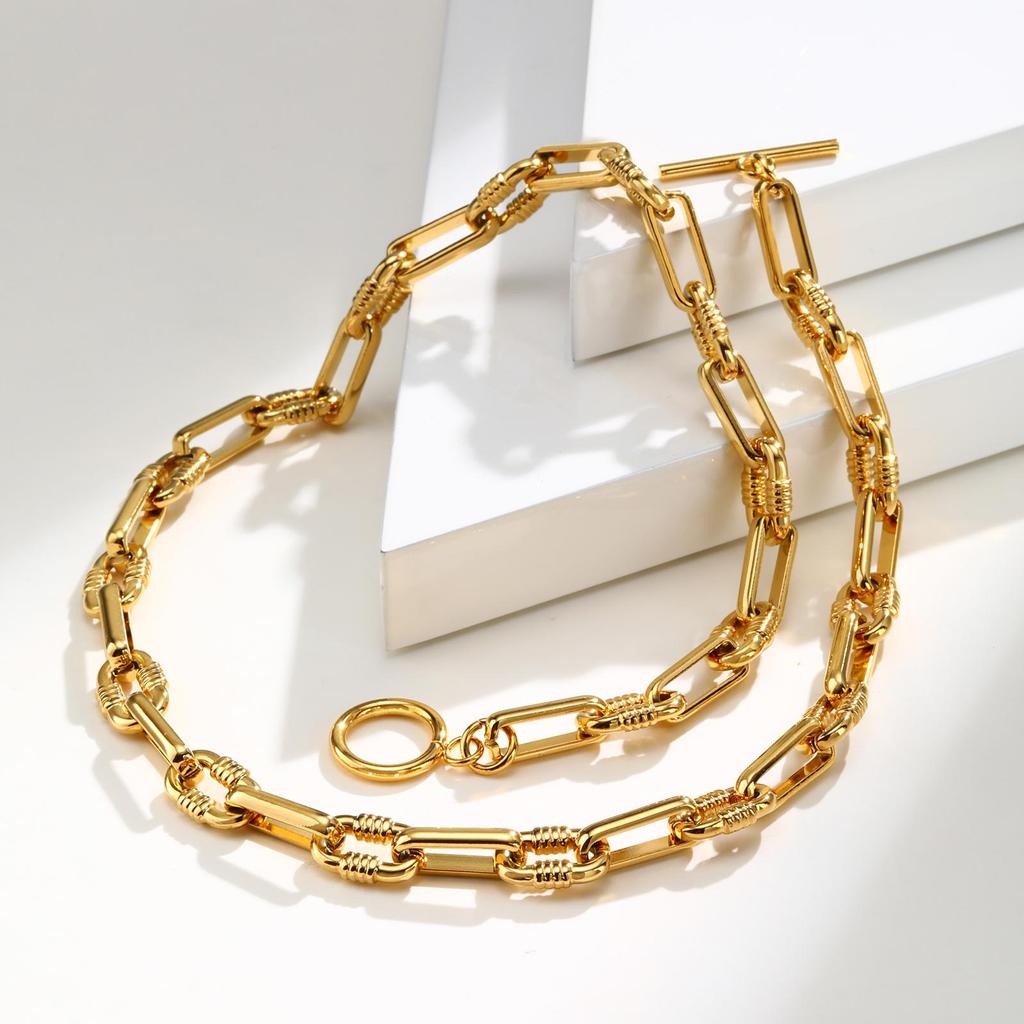 Chunky Oval Handmade Chain Necklace,18K Gold Plated Toggle-clasps Necklaces,Stainless Steel Jewelry Gift