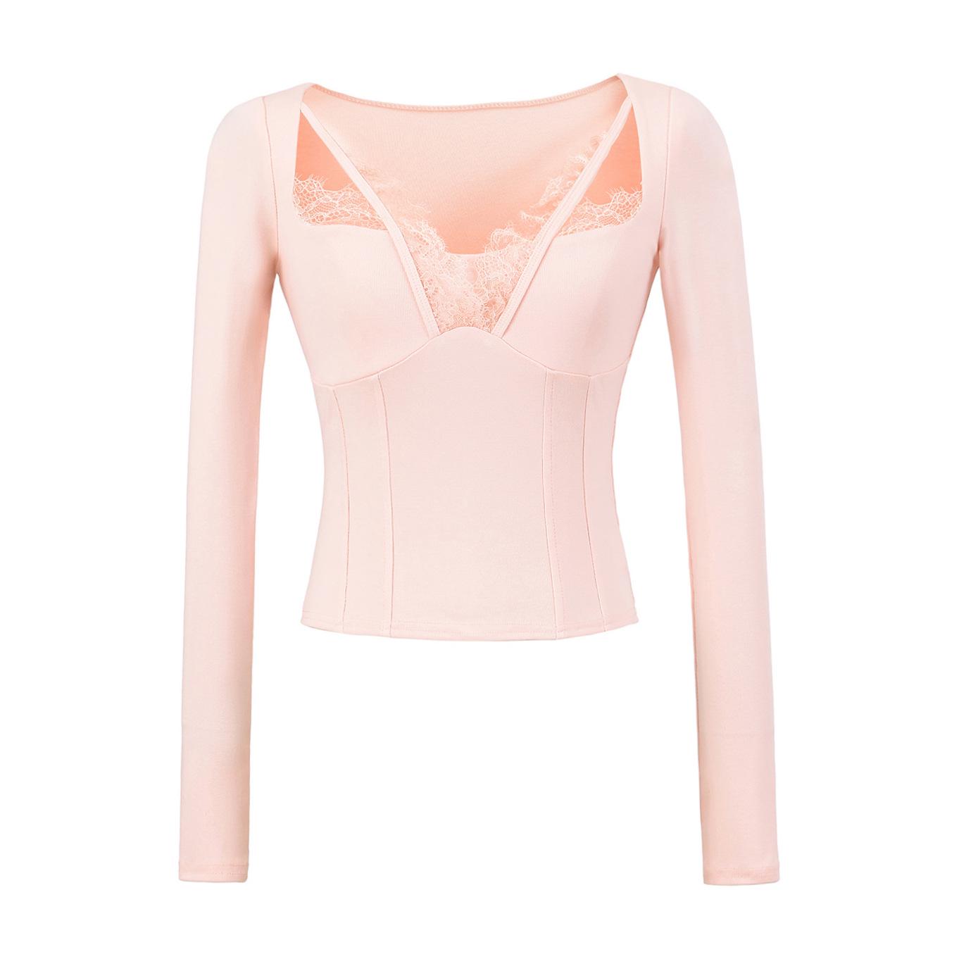 

Женская весенне-летняя футболка с длинным рукавом и кружевной вставкой, талия «рыбий скелет» Large розовый