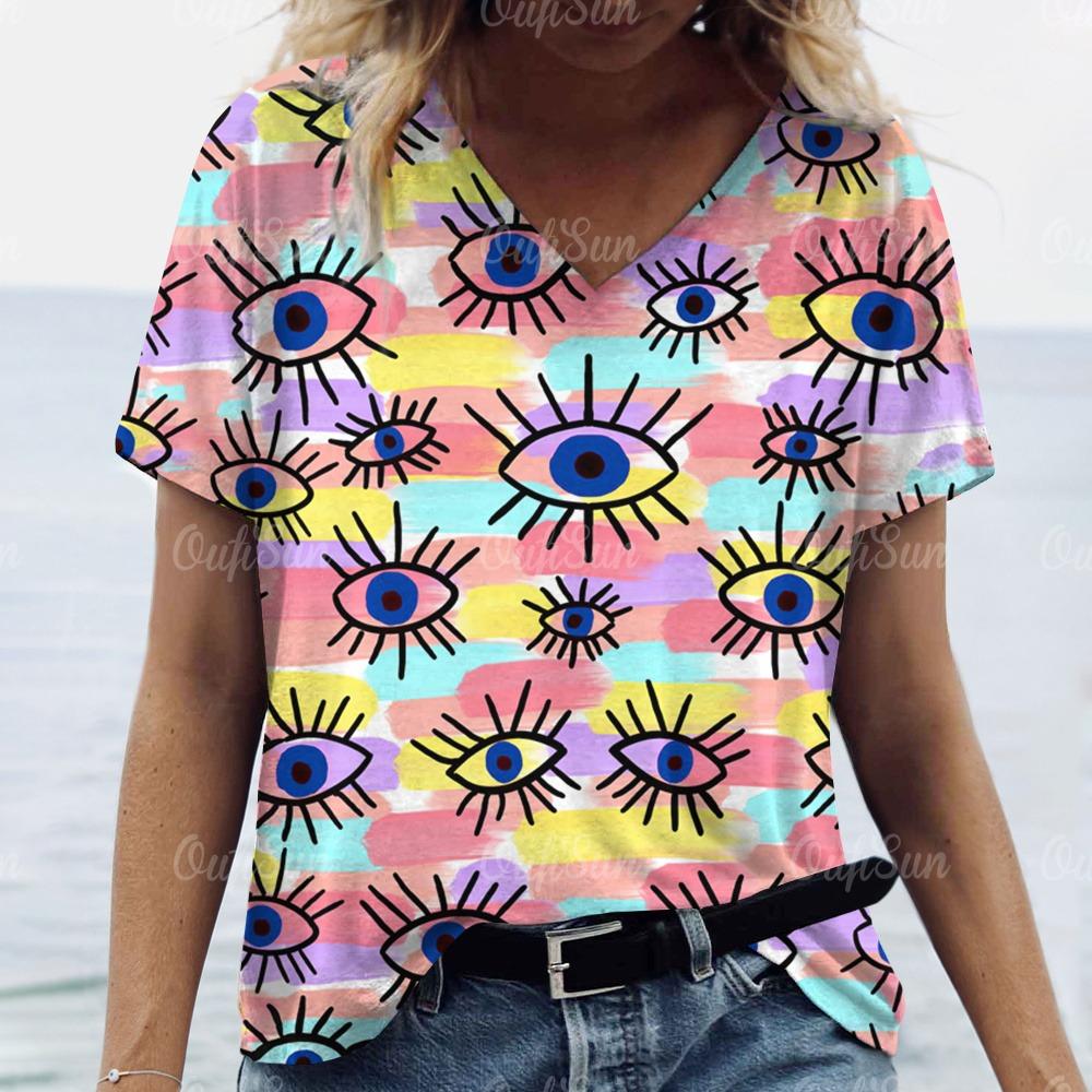 Summer Women Funny 3d Eyes Printed T-Shirt Sexy Anime Cartoon Funny V-Neck Fashion Short Sleeve Shirt Ladies Slim Plus Size Top