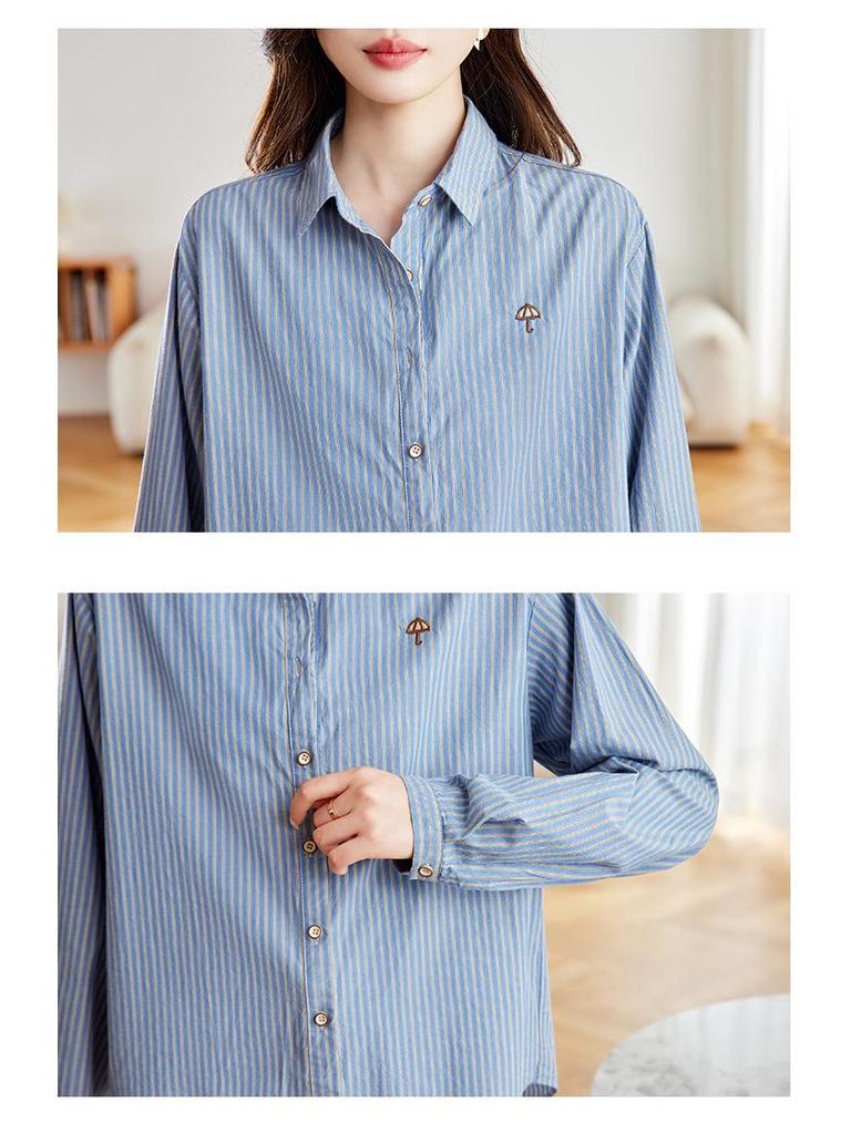 Women's Blue Striped French Vintage Loose Cotton Shirt, Versatile Long Sleeve for Spring & Autumn