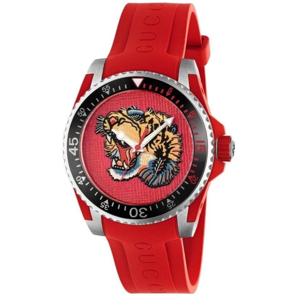 Gucci Men's Red Ya136315 Dive Embroidery Tiger Dial Watch