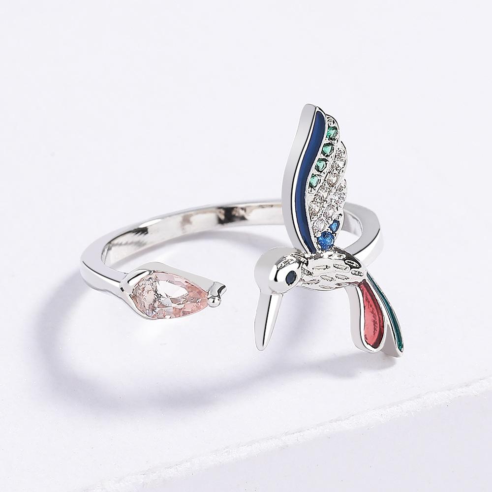 Bisha Inlaid Colorful Animal Ring Colorful Hummingbird Open Ring Jewelry