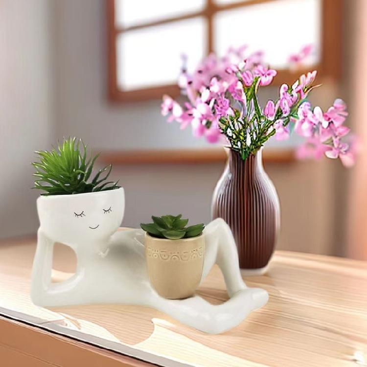 Creative Lazy Guy Succulents Pot for Indoor Desk Artistic Decors Funny Lazy Guy Desktop Planter for Small Plant