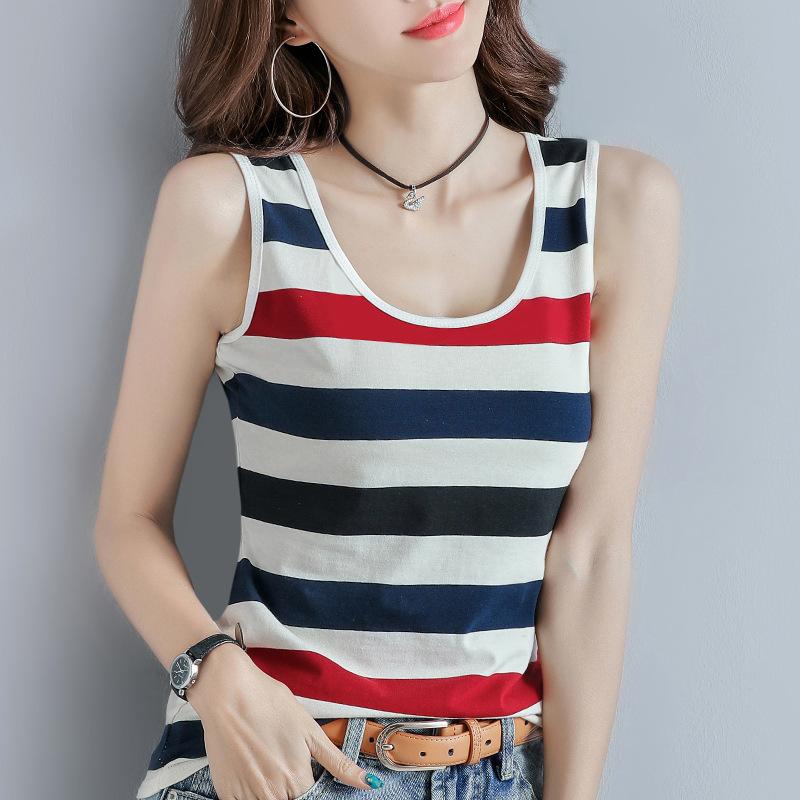 

Летний топ из чистого хлопка нового стиля на внутренних бретелях в полоску для женщин, прилегающий к телу и стройнящий фигуру снаружи, без рукавов на плечах, универсальный топ 2XL