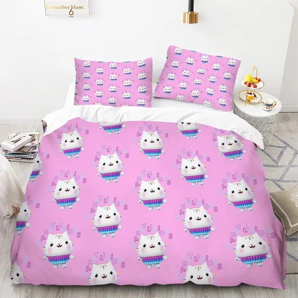 Gabbys Dollhouse Characters Bedding Set Cartoon Duvet Cover Pink Bedclothes Single Double Queen King Size For Girl Bed Set