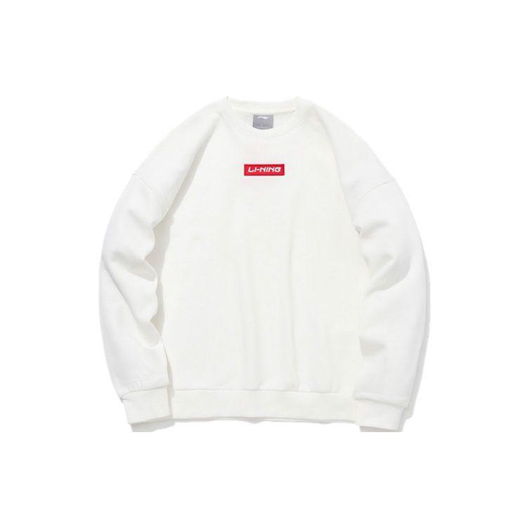 Li Ning Casual Sports Fleece Lined Crew Neck Long Sleeved Pullover Sweatshirt Winter Unisex Ivory AWDQ652-10