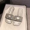Xiaoxiangfeng Wears Flat-bottomed Slippers for Women's Summer New Rhinestone Square Buckle One Word Cool Slippers Tide