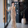 Golden sequined evening dress women's high-end neck bridal engagement dress toasting clothes banquet temperament hosting dress