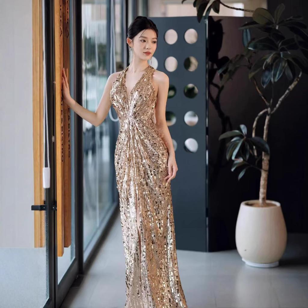 Golden sequined evening dress women's high-end neck bridal engagement dress toasting clothes banquet temperament hosting dress