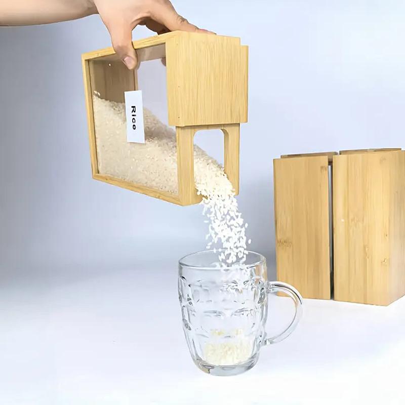 Bamboo Grain Storage Container Food Condiment Dispenser Transparent Sliding Lid Kitchen Storage Tank For Cereal, Rice, Flour