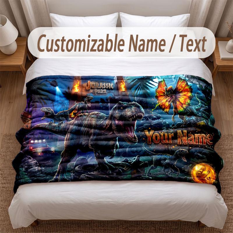 Dinosaur Theme Soft Blanket Personalized Custom Name Text Print Warm Blanket Home Sofa Bedroom Decor