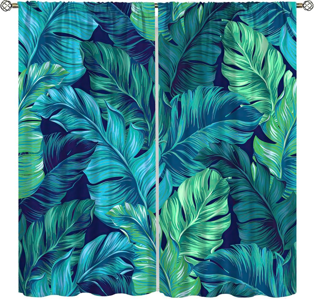 Tropical Palm Leaf Curtains Natural Emerald Green Gold Botanical Plant Abstract Printed Window Treatments Curtain Made Of Polyester With Rod Pocket