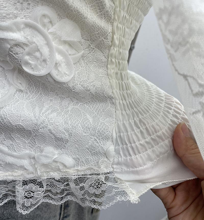 French Retro One-Shoulder Pearl Strap Lace Top with Chest Pads
