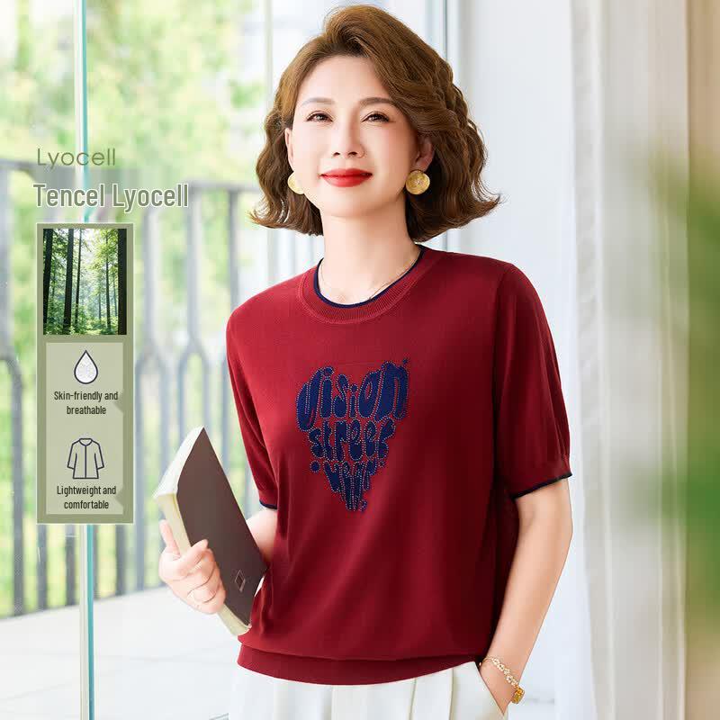 Women s Summer Rhinestone Heart Knit T-shirt 2XL