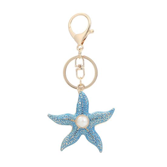 Keychain Pendant Starfish Design Zinc Alloy Key Chain with Imitation Pearl Inlaid Anti-Oxidation Lobster Clasp Key Pendant синий