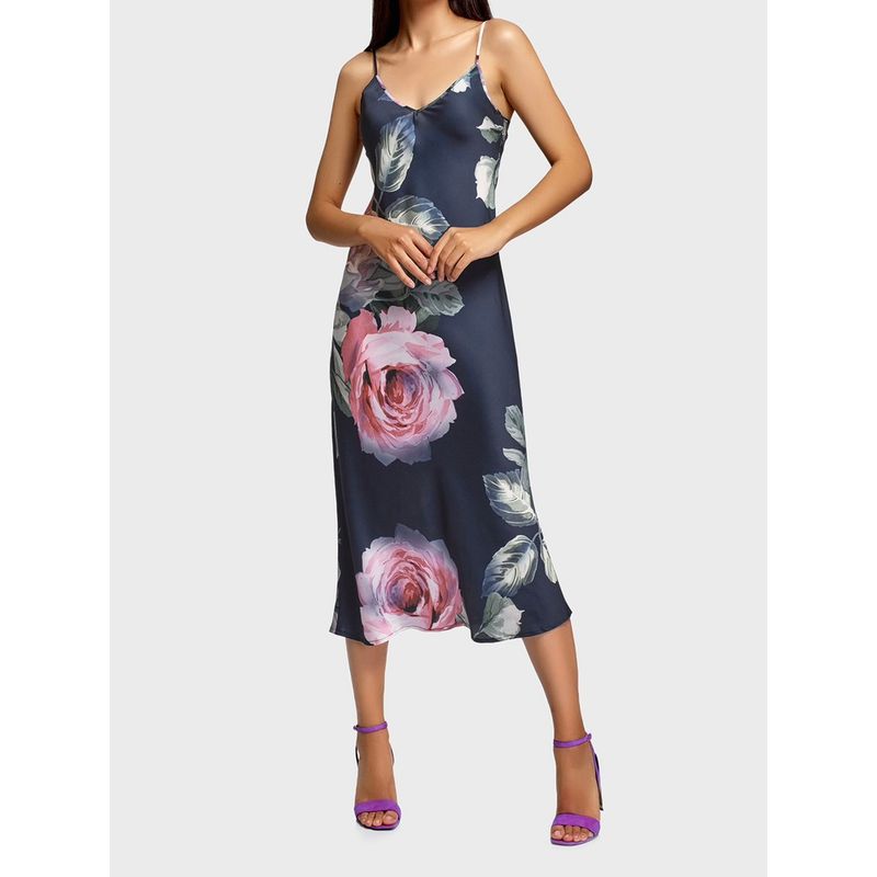 Foreign Trade Order Sling Smooth Satin Backless Elegant Lady Beautiful Rose Print Dress Holiday Style Hip Skirt