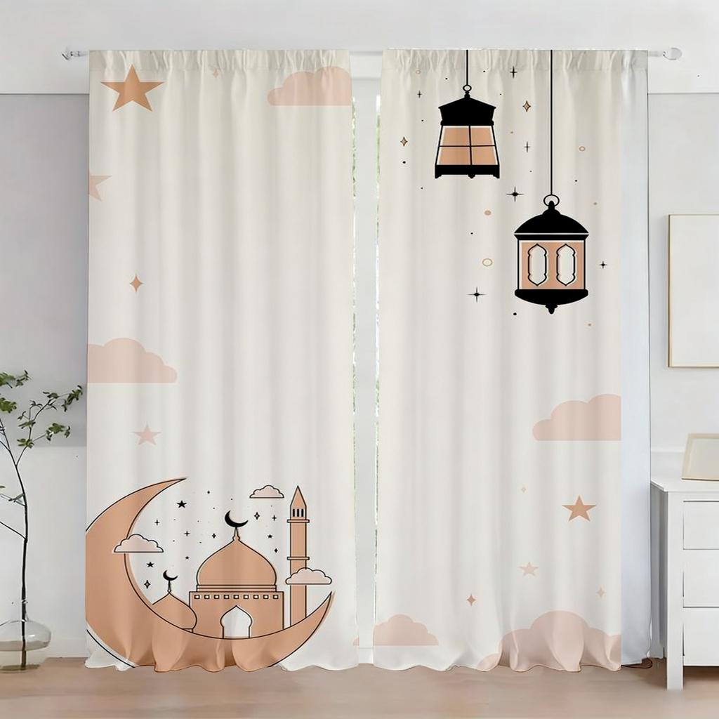 2pcs Pastel Moon Mosque & Lantern Curtains Flat Print Islamic Festival Design Sheer Light-Filtering Fabric Eid Ramadan Window