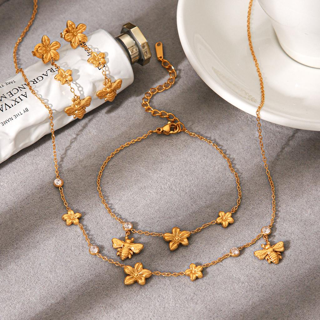 Stainless steel earrings, niche high-end flower bee necklace, fashionable versatile titanium steel bracelet