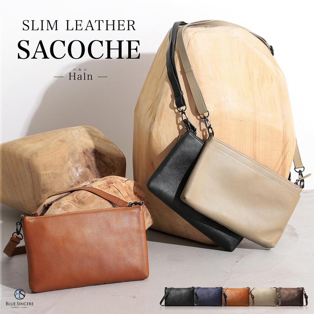 Genuine Leather Sacoche Shoulder Slim and with Small Item Pouch SB5 [BLUE SINCERE] Men's Bag, Lightweight, / (Grey Beige)
