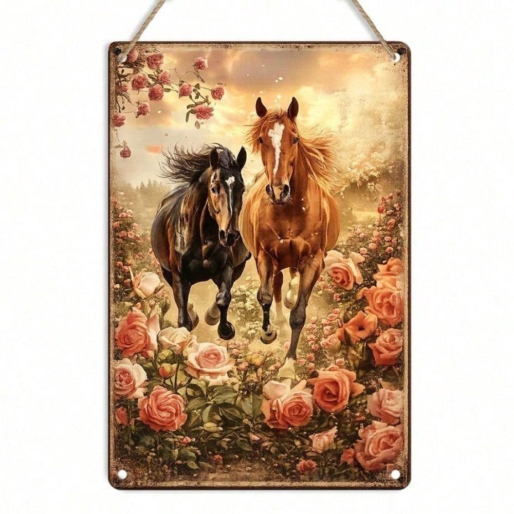 1pc Retro 2D Flat Tin Sign Two Horses in Floral Field 12x8in Vintage Metal Wall Decor for Living Room Kitchen Garden Outdoor