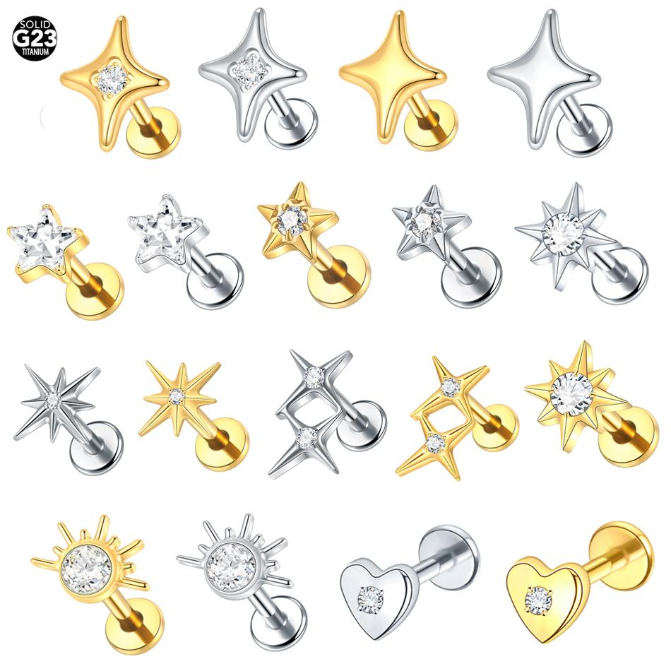 1Pc/5Pcs Titanium Star Ear Tragus Cartilage Helix Daith Piercing Lip Stud Earrings for Women Internal Thread Body Piercing 16G