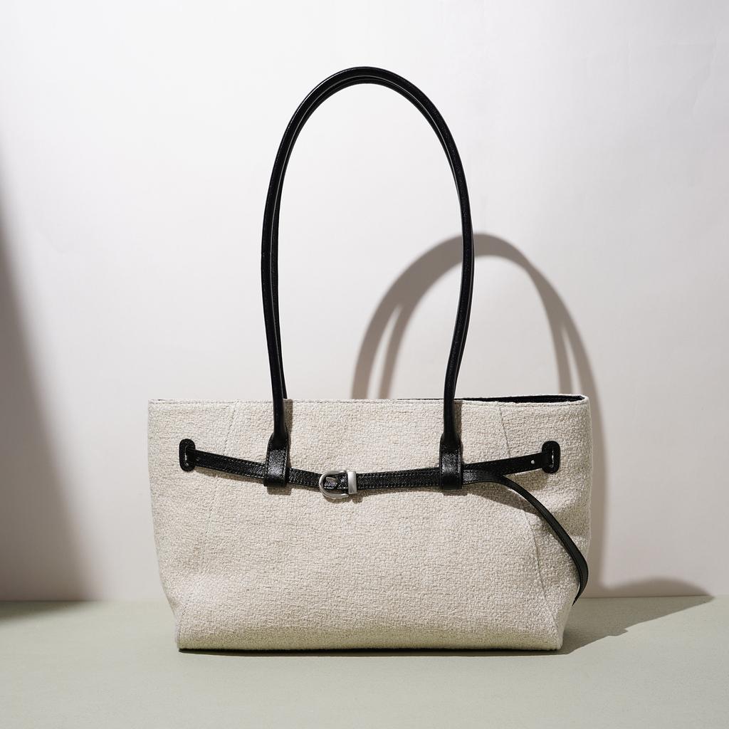 New casual large-capacity shoulder bag, linen patchwork top-layer cowhide underarm bag, Korean-style tote bag
