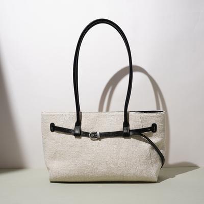 New Casual Large-capacity Shoulder Bag, Linen Patchwork Top-layer Cowhide Underarm Bag, Korean-style Tote Bag