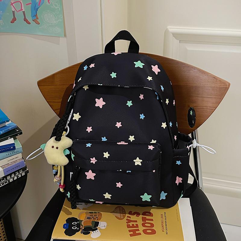 Cute Colorful Star Patterned Student Lightweight Backpack With Plush Pendant For Casual Use