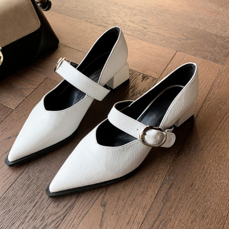 Fashion Spring New Low Heel Shoes Women's Pointed Head Shallow Mouth Metal Buckle Soft Sole Non-slip Low Top Shoes