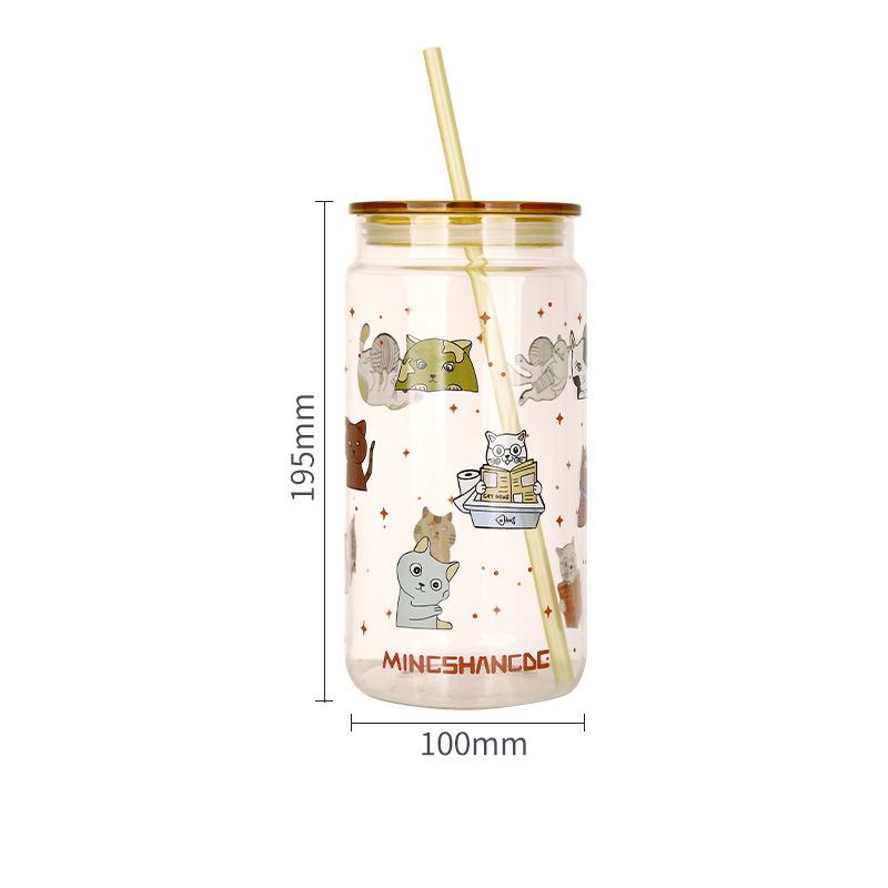 

1400ml Glass Cup Cartoon Cat High Beauty Mug with Lid Summer Cute Cold Drink Glass Straw Cups Heatable Coffee Mugs Gift Bottle 1.4L