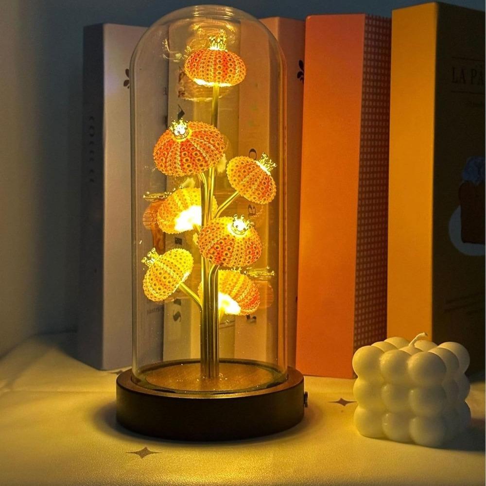 Handcrafted Sea Urchin Shell Night Light - Natural Real Urchin Lamp with Glass Dome Wooden Base, Warm LED Coastal Table Lamp