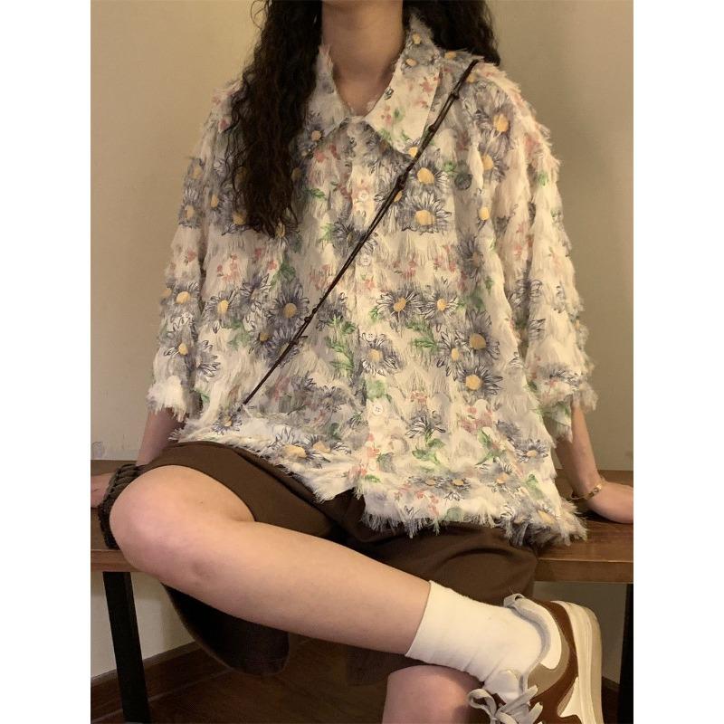 Women's Thin Tassel Short Sleeved Blouses Loose American Retro Casual Blouse Female's Summer Turn-down Collar Clothing