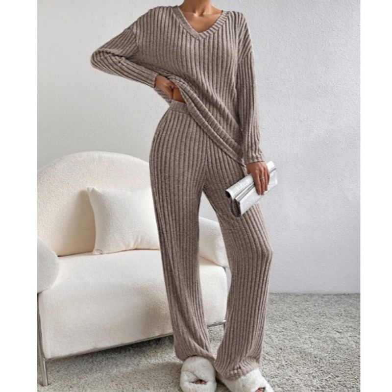 Western Style Spring and Autumn New Cross-Border V-neck Solid Sunken Stripe Loose Long Sleeves Shirt Trousers Casual Two-piece Suit Women Clothes