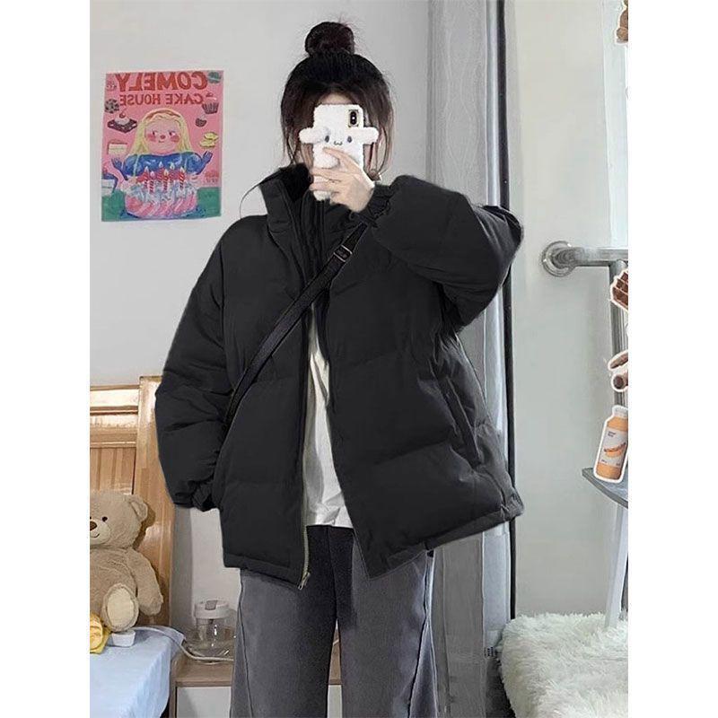 Women s 2025 Winter Japanese Style Stand Collar Cotton Puffer Jacket - Thickened, Warm, Plus Velvet, Trendy S