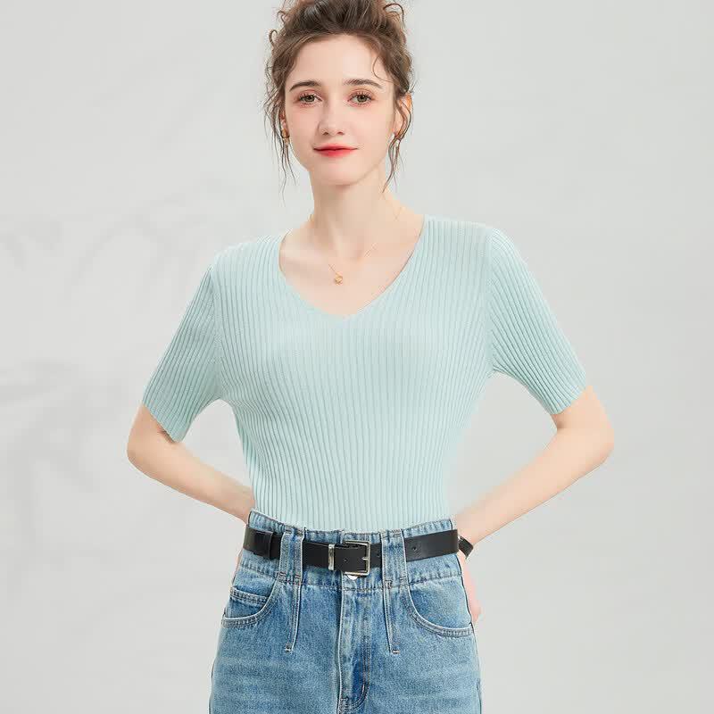 Snowforte Women's Silk Blend Striped V-Neck Knit Tee