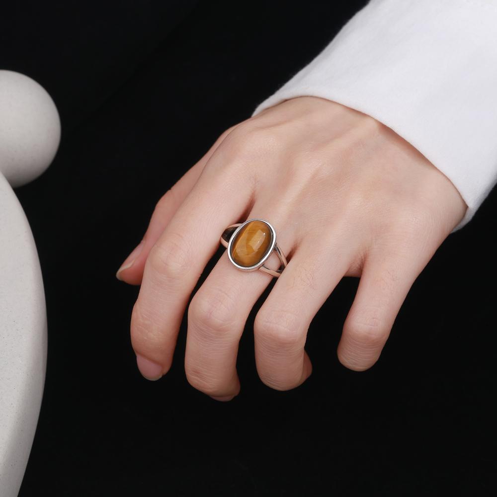 S925 Silver Ring Natural 10*14mm Big Labradorite Simple Tiger Eye Jewelry for Women Men Large Stone Vintage Jewelry Gift