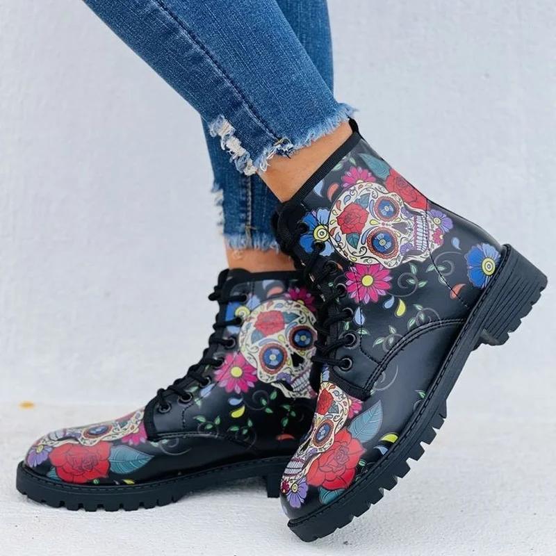 Digital Print Autumn Lady High Top Skull Pattern Boot  British PU Women's Fashion Tooling Boots Outfdoor Woman Ankle Booties