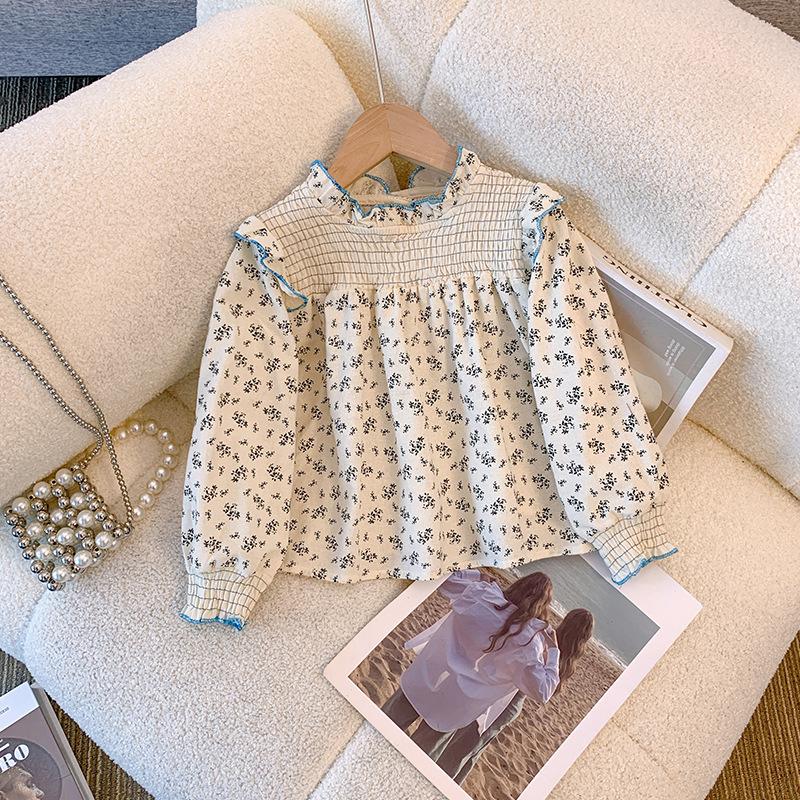 Girls Floral Long Sleeve Shirt Fashionable Doll Collar Blouse Cute Top For Kids 90cm