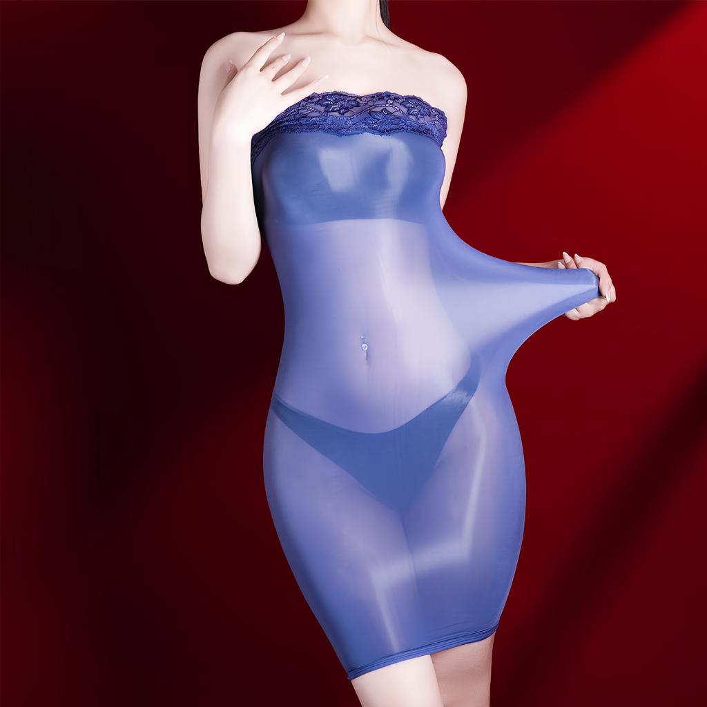 Fashion Women Lace Bodycon Tube Micro Mini Dress 5D Oil Glossy Shiny Package Hip Dress Sheer See Through Elastic Maid Dress