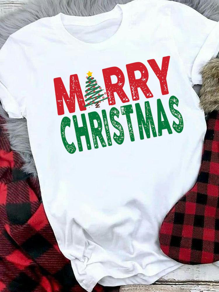 (Asian Size) Plaid Tree Style Cute Merry Christmas Tee Top Festival   New Year Holiday Casual  Lady Short Sleeve Fashion Women Print Graphic T-shirts