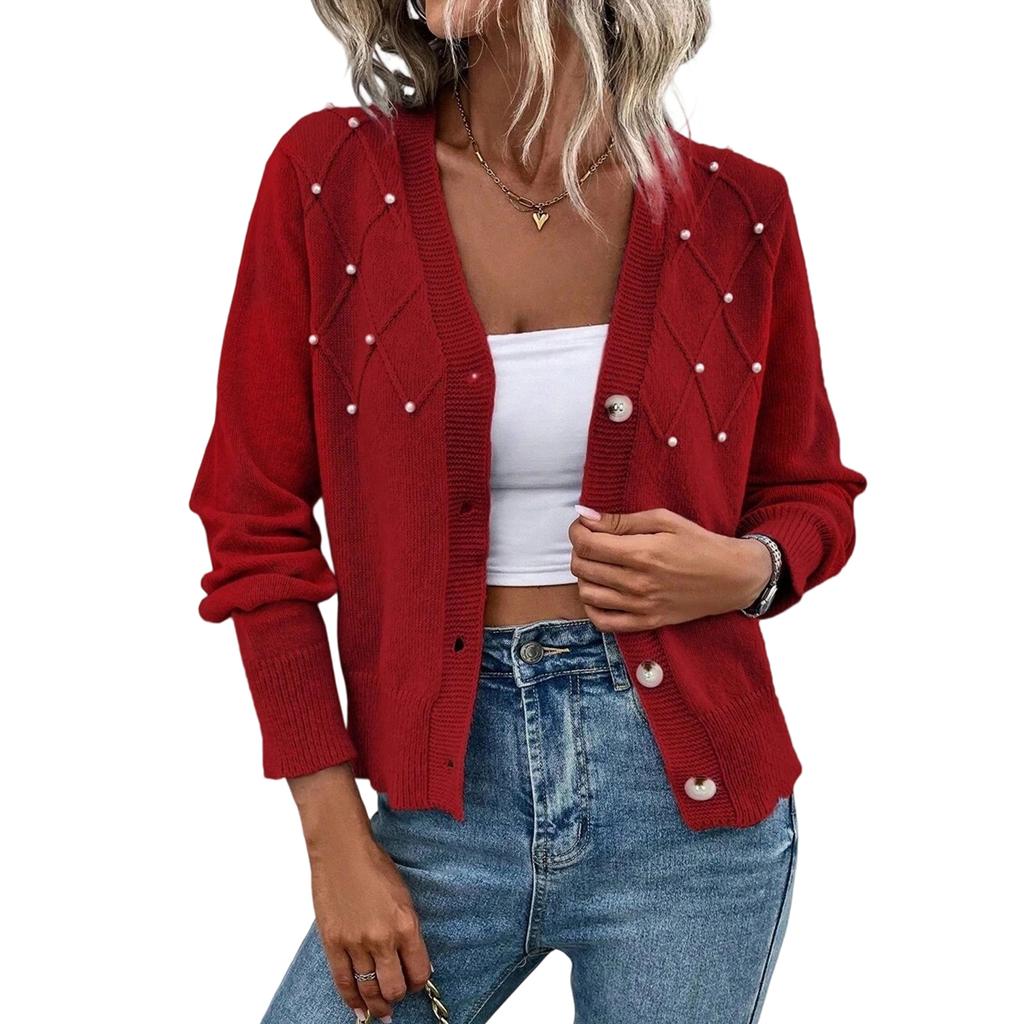 Women's Casual V-Neck Single-Breasted Long-Sleeved Knit Cardigan Long-Sleeved Knit Cardigan Top