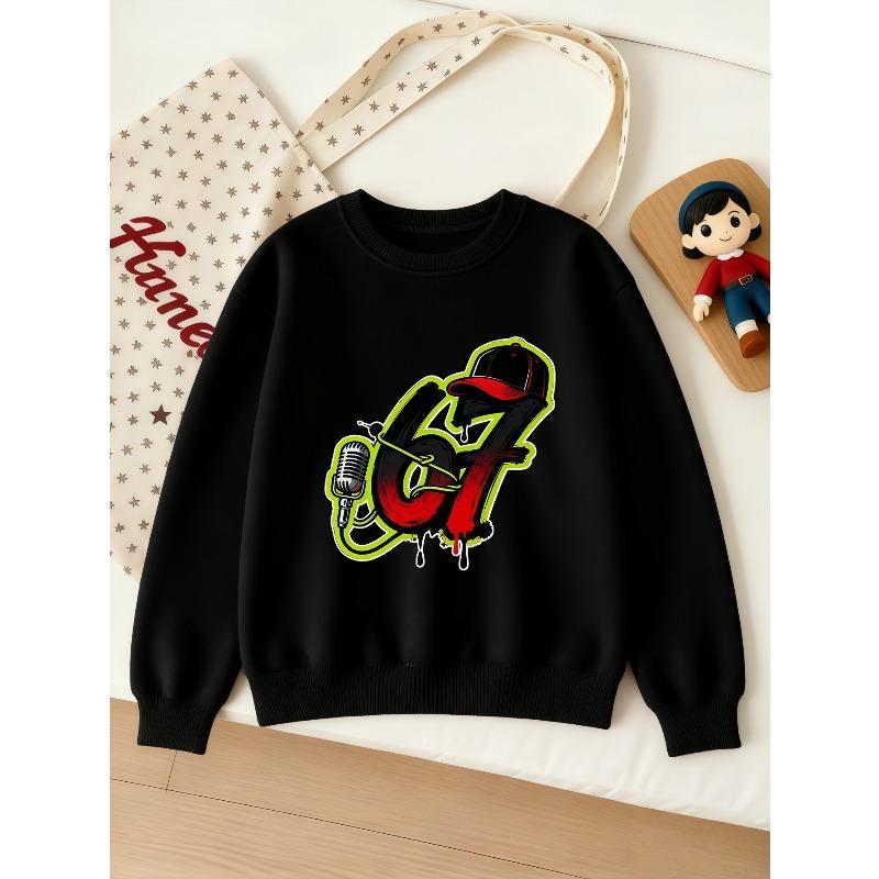 Kids Unisex Crewneck Sweatshirt, Hip Hop Graffiti Microphone Cap Dripping 67 Number Print Pullover, Soft Sweatshirt for Boys Girls Over 4 Years Old 110 чёрный