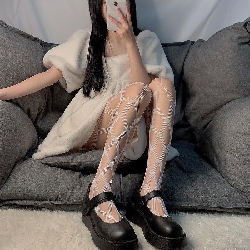 Female Vintage Fishnet Lace Pattern Tights Hollowed Rhombus Striped Geometric Jacquard Pantyhose Anti-pilling JK woman Legging