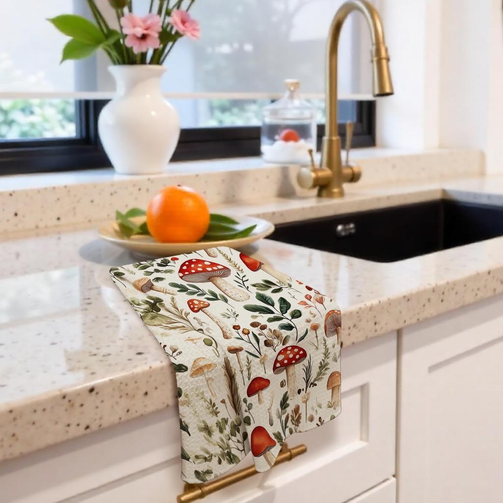 Cottagecore Mushroom Kitchen Towels Decorative, Farmhouse Wildflower Botanical Dish Hand Tea Towels, Rustic Mushroom Kitchen Bathroom Decor, 16x24