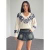 Women S V Neck Knit Sweater Vintage Floral Print Loose Drop Shoulder Long Sleeve Pullover