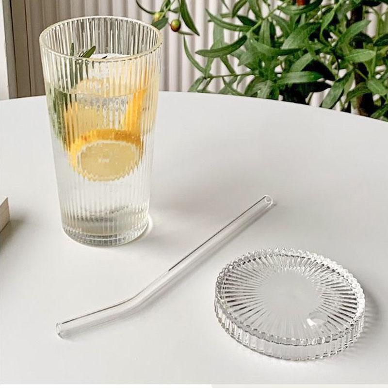 Vertical Stripe Glass Coffee Tumbler with Lid and Straw - Ins Style Portable Cup for Iced Latte, Milk Tea & Cold Beverages