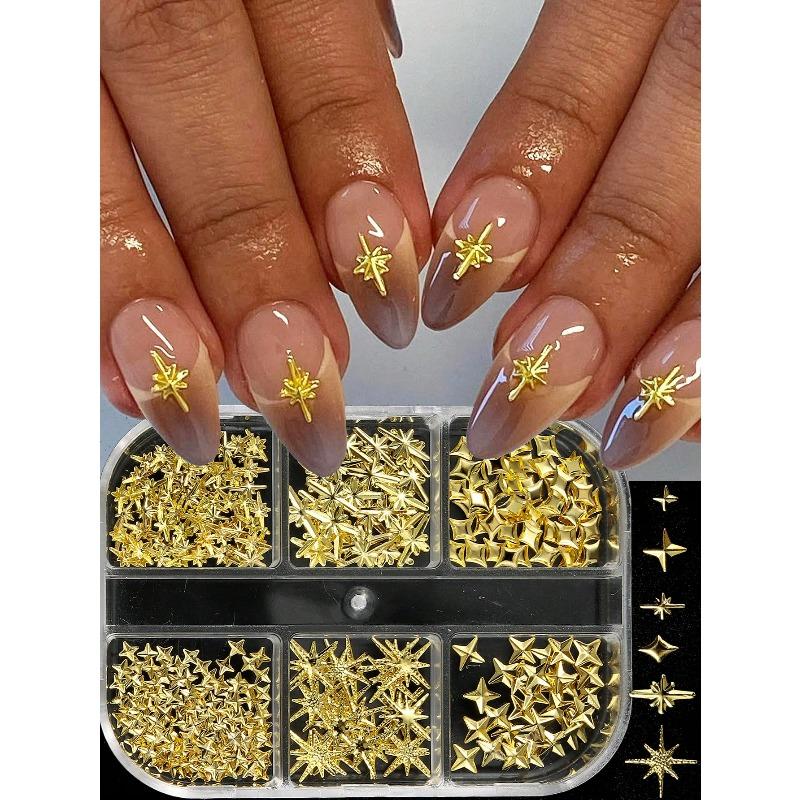 6 Grids/box 3D Star, Pentagon, Gold Color Metal Nail Art Decorations Cross Star, Y2K Nail Jewelry, DIY Nail Charms Nail Art Supplies